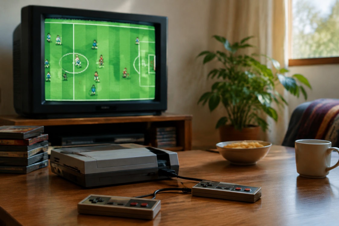 Écran de jeu de Sensible Soccer en vue aérienne avec joueurs pixelisés sur pelouse